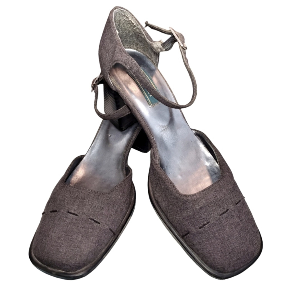 Vintage Transit Heels Y2K 90s Mary Jane Buckle Chunky Heel Square Toe Gray Sz 37